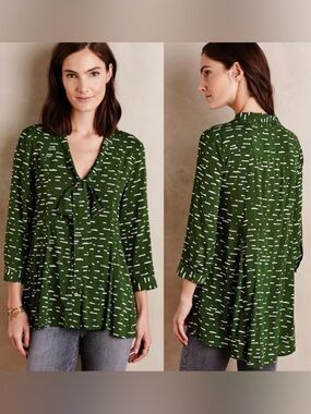 Anthropologie Maeve Green White Cloud Print Long Sleeve Button Up Peasant Blouse